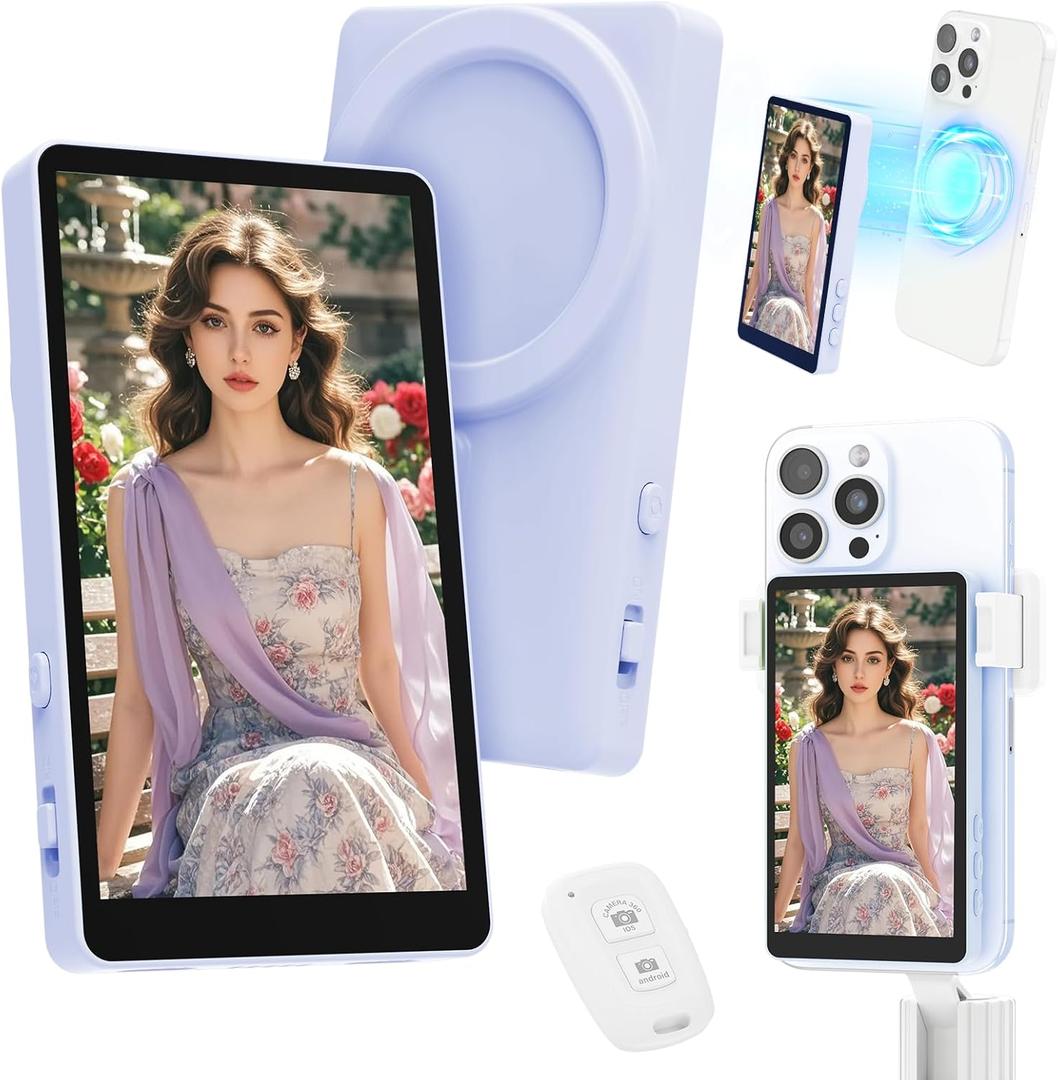 Selfie Monitor Screen, Vlog 4K 30fps Video Recording for iPhone & Android Using Phone Rear Camera for Selfie Vlog Live Stream TikTok, with Blue Tooth Remote, Content Creator Essentials (Purple)