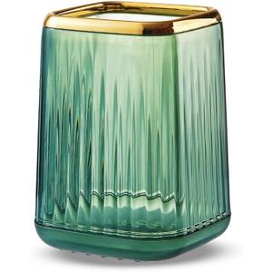 Makeup Brush Cup Holder Organizer for Vanity, Acrylic Vintage Green Make Up Brushes Holders Container Storage with Striped Design for Bathroom Countertop, Pen Pencil Holder Cosmetic Cup for Desk (Square)