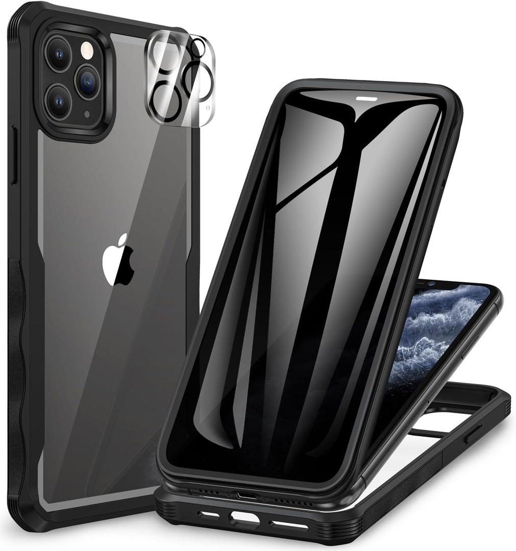 CENHUFO Privacy for iPhone 11 Pro Case, Full Body Phone Case with Built-in 9H Tempered Glass Privacy Screen Protector and Camera Lens Protector, Anti Peep Spy Shockproof Bumper Clear Cover - Black