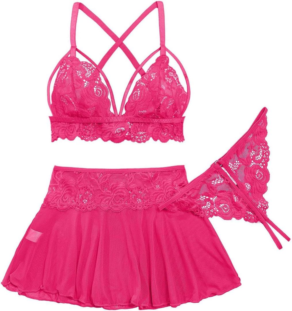 Sexy Mini Skirt with Thong Floral Lace Sheer Bralette Lingerie Set 3 Piece Otufits (Small, Hot Pink)