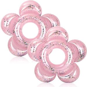 Outus 2 Pack Cute Flower Pool Floats Glitter 47 Inch Inflatable Pink Butter Bachelorette Ring Floaties Bride Floating Flowers for Pool Adults Summer Swimming Birthday
