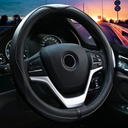 Valleycomfy Steering Wheel Covers Universal 15 inch - Genuine Leather, Breathable, Anti Slip & Odor Free (Black with Black Lines, M(14" 1/2-15" 1/4))