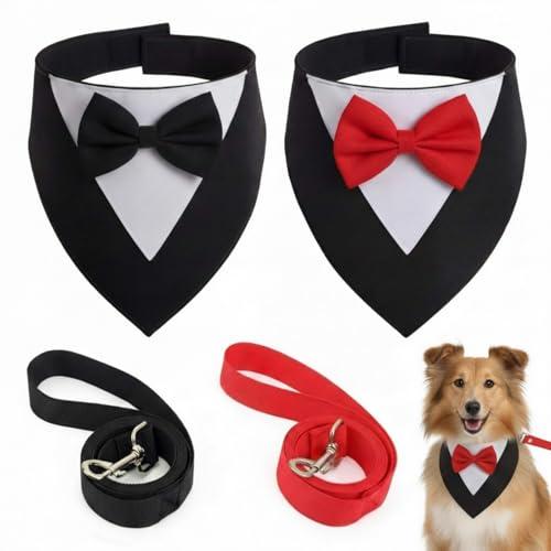 Gilprop 4 Pcs Formal Dog Outfit Dog Tuxedo Sets with Bowtie Wedding Dogs Bandana Collar with Nylon Leash Wedding Outfit Suit Adjustable Pet Party Costumes for Birthday(Black,Red,Medium:16"-19.5")