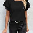 Summer Casual Boho Blouse for Women Fashion Floral Shirt Ruffle Short Sleeve Crewneck Chiffon Tops (Black, XXL)