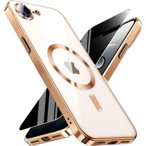 Magnetic for iPhone 16e Case with Privacy Screen Protector & Full Camera Cover,[Non-Yellowing] Plating Glossy Soft Shockproof Clear Phone Case with MagSafe Women Girls for 16 e,Gold