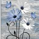 MYUSRE Blue and White Flower Wall Art for Bathroom, Farmhouse Daisy with Butterfly on Retro Wooden Canvas Wall Art Country Wildflower Pictures for Bedroom Home Wall Decor, 20L X 16W inches