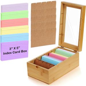 3x5'' Index Card Holder Box with Dividers Bamboo Index Card Organizer Wood Recipe Box with Lid 4 Compartments for 1200 Cards File Notecard Holders for Business Home Office Kitchen