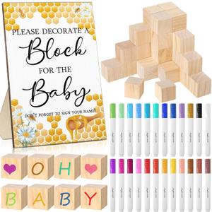 Tatuo 75 Pcs Baby Shower Block Games Here Comes The Son Baby Shower Decor 50 Blank Wooden Blocks 1 Decorate a Block Sign and 24 Paint Markers Party Decorations Activities for Guests(Bee)