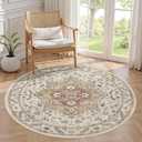 5ft Round Vintage Living Room Area Rug - 5x5 Large Soft Washable Oriental Traditional Distressed Farmhouse Rugs for Bedroom - Indoor Floor Accent Carpet for Home Office House Decor - Golden Taupe