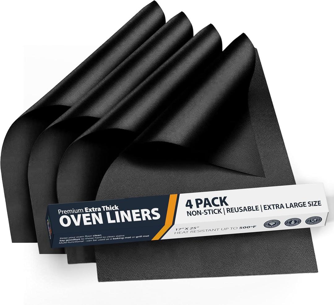 Oven Liners for Bottom of Oven - 4 Pack Large Heavy Duty Mats, 17x25 Non-Stick Reusable Liner for Electric, Gas, Toasters, Grills - BPA & PFOA Free Kitchen Accessory to Keep It Clean (Black)