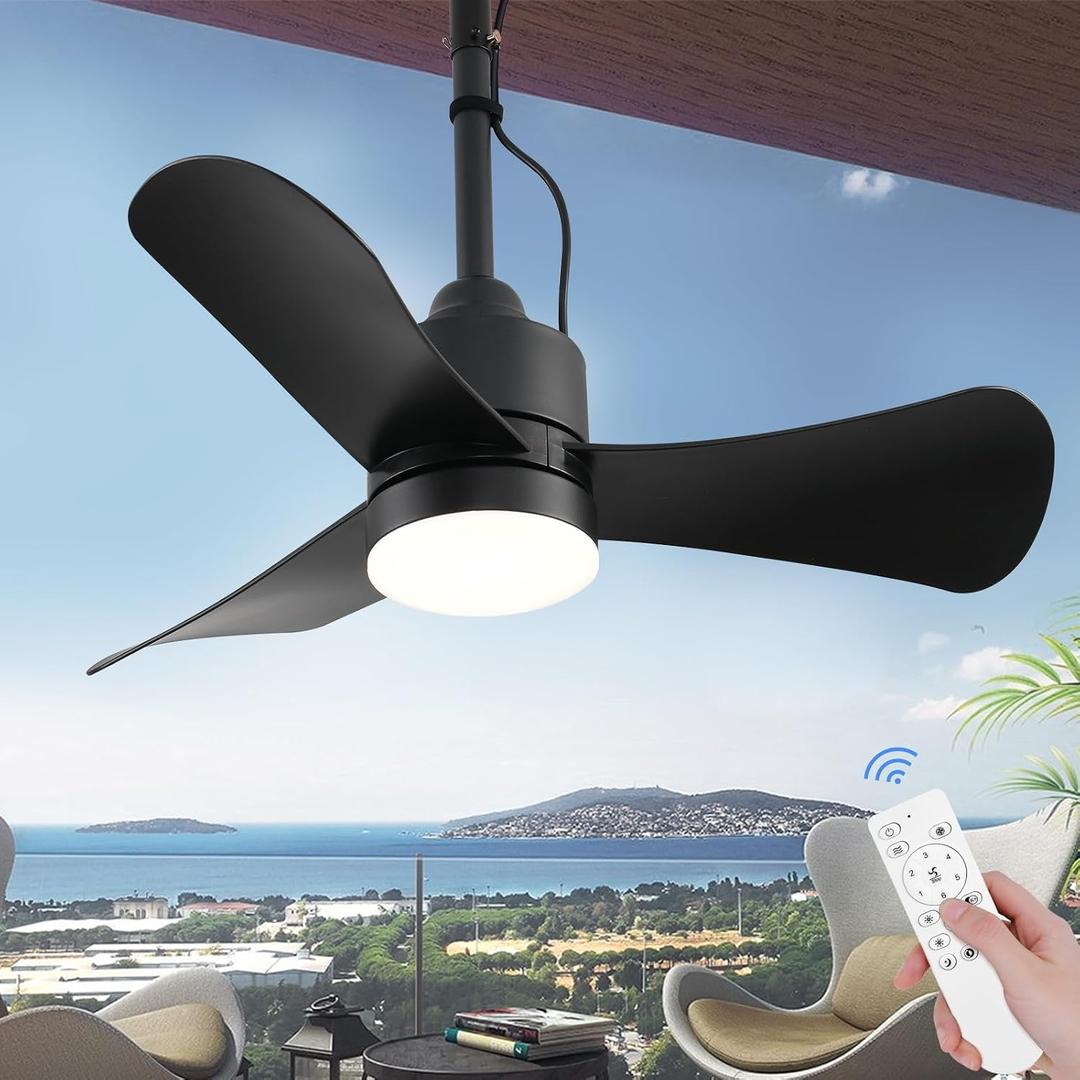 AHAWILL Gazebo Fan,32" Plug in Ceiling Fan with 3 Color LED Light,Waterproof Outdoor Hanging Fan,Outdoor Ceiling Fans for Patios,Gazebo,Pergola.Black