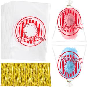 woric 120PCS Cotton Candy Bags with Ties 11.8 x 17.7 Inch Clear Cotton Candy Bags with Print for Carnivals Party Candy Sticks and Cones