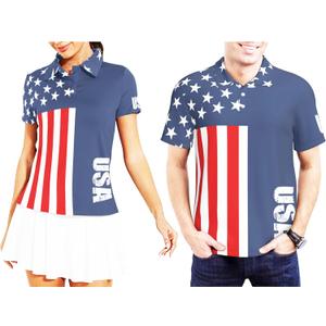 Funny Couple Golf Shirts,Matching Hawaiian Golf Shirt for Couple,Moisture Wicking Couple Polo Shirt for Men Women (XX-Large, Usa Flag)