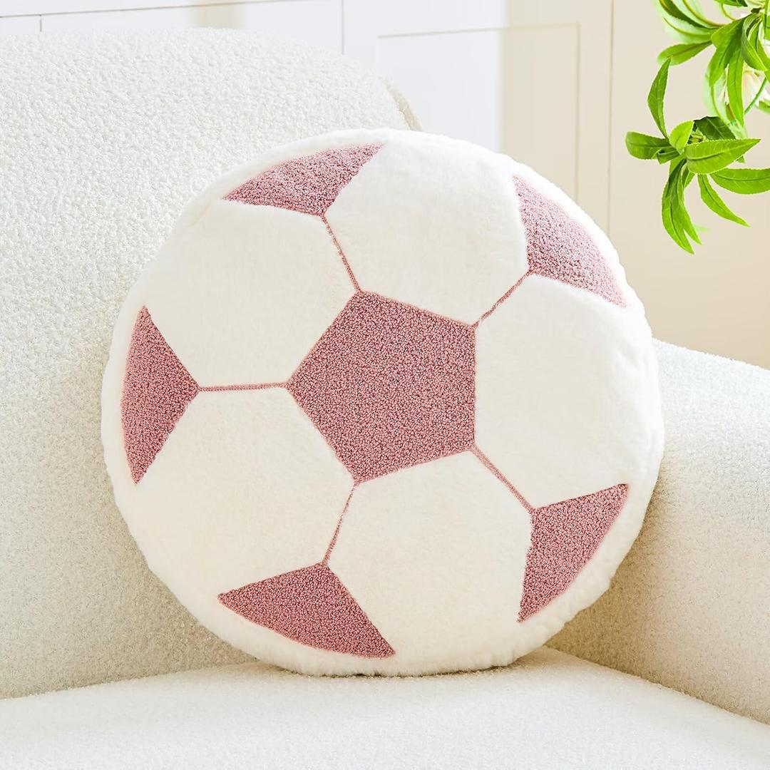 XVTRU World Cup Soccer Throw Pillow Round Football Decorative Pillows Pillow Aesthetic Soccer Ball Shaped Plush Cushion for Room Decor (Dusty Pink,15.7 Inch)