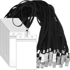 100 Pcs Lanyards for ID Badges and 100 Pcs ID Card Holder Badges Waterproof Clear Plastic Resealable Vertical Name Tag Badge Flat Neck Lanyards with Clip for Nurses Teacher
