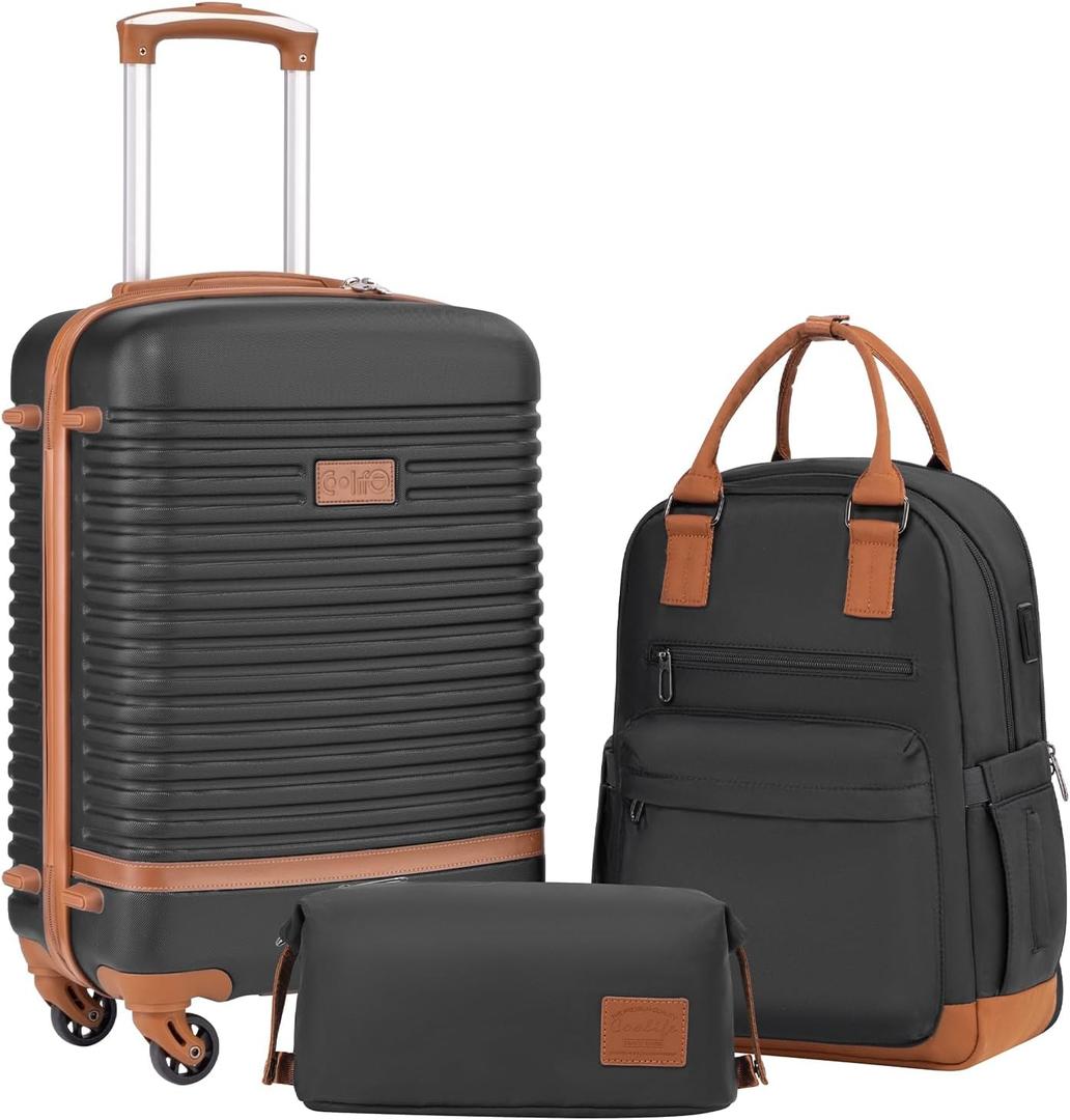 Coolife Suitcase Set 3 Piece Luggage Set Carry On Travel Luggage TSA Lock Spinner Wheels Hardshell Lightweight Luggage Set(Black, 3 piece set (BP/TB/20))