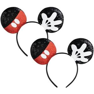 CHuangQi 2pcs Mouse Ears Headbands with Shiny Bow Double-sided Sequins Glitter Hair Accessories for Birthday Party Celebration (XC25-2)