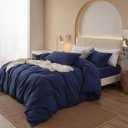 JIYUAN King Size Duvet Cover Set, 3-Piece - 100% Washed Cotton, Linen-Like Soft & Breathable with Zipper Closure, Includes 104x90 Inch Cover & 2 Pillowcases, Solid Navy Blue