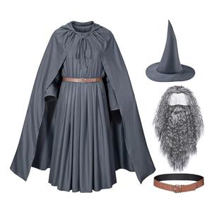 Grey Wizard Costume Mens Adult Robe Hooded Cloak Outfits Hat Full Set Halloween Cosplay, Large