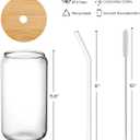 Drinking Glasses with Bamboo Lids and Glass Straw 4pcs Set - 16oz Glass Cups, Iced Coffee Glasses, Cute iced Tea Glasses, Beer Glasses, Ideal for Coffee Bar Accessories, Aesthetic Gift - 2 Brushes