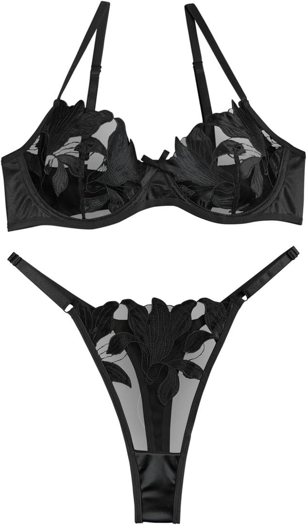 Lilosy Sexy Satin Mesh Floral Sheer Embroidered Underwire Lingerie Set 2 Piece Women Push Up See Through Matching Bra Panty Black Small