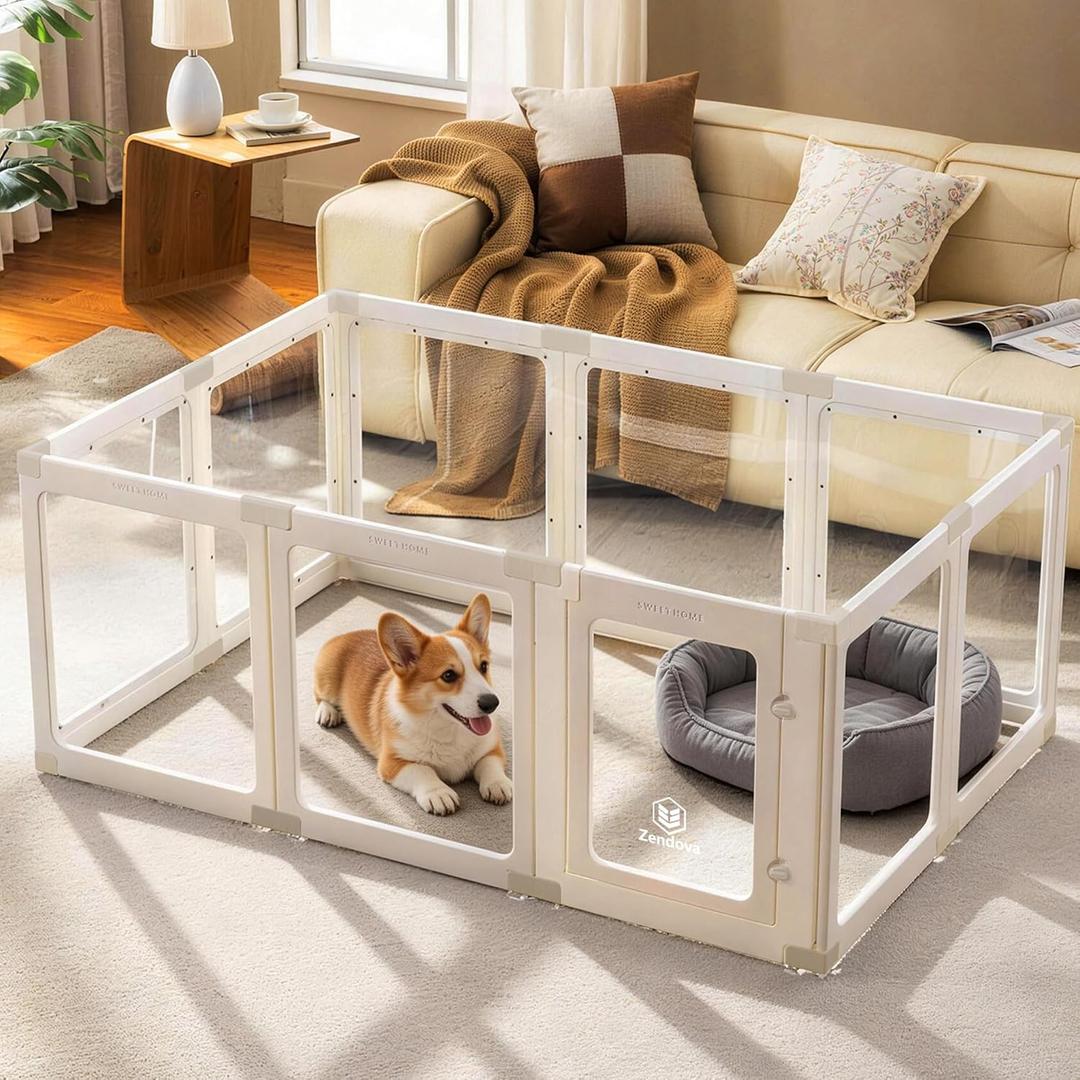 Acrylic Dog Playpen Indoor for Small Dogs & Puppies | Provided by LESHIGE, Clear Pet Playpen, Easy Assemble, Modern No-Bar Design, Escape-Proof & Sturdy, 23.6", 10 Panels, White