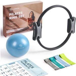 LIONSCOOL Pilates Ring Set  14" Anti-Deformation Magic Circle with Padded Handles, Mini Ball, Resistance Bands, Guide & Bag (Black)