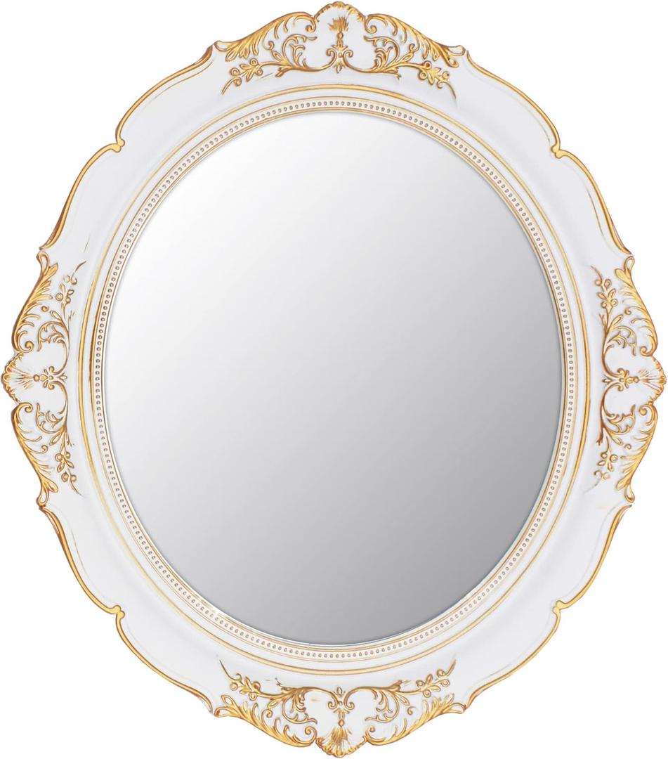 Eaoundm 13.1 x 14.8 inchs Decorative Wall Mirror, Vintage Hanging Mirrors for Bedroom Living-Room Dresser Decor Oval (White)