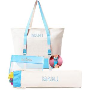Empty Mahjong Tile Bags Set for American Tiles and Racks,Canvas Tote Bag with Mat Holder Accessories Organizer,Portable Mahjong Case Drawstring Protective Sleeve for Rack Pushers,Blue