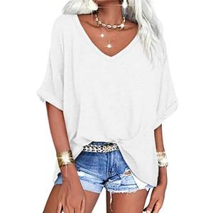 Langwyqu Women's Oversized T Shirts V Neck Short Sleeve Summer Casual Loose Tops Tee, Large