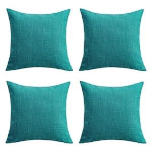 Set of 4 Teal Blue Throw Pillow Covers Neutral Textured Linen Decorative Pillowcases 18x18 Inch, Farmhouse Rustic Outdoor Pillow Cover Square Accent Cushion Cases for Sofa Couch Home 