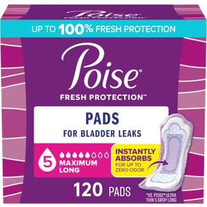 Poise Incontinence Pads & Postpartum Incontinence Pads, 5 Drop Maximum Absorbency, Long Length, 120 Count (2 Packs of 60), Packaging May Vary
