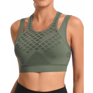 RUNNING GIRL Sports Bras for Women High Support,Seamless Ribbed Longline High Neck Sports Bra Racerback Padded Crop Top Yoga (Green, L)