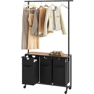 YATINEY Laundry Sorter 3 Section, Rolling Laundry Hamper with Hanging Rack, Laundry Sorter with Wheels, Hampers for Laundry, Laundry Basket Organizer for Laundry Room, Rustic Brown LS37BR (35.4"L x 11.8"W x 70.9"H)