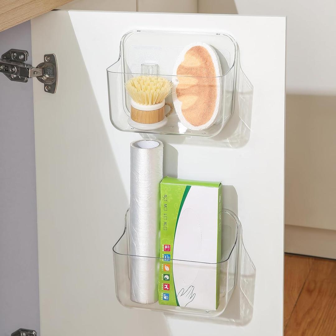 2 Pack Adhesive Cabinet Door Organizer, Compact Kitchen Under Sink Organizer, Clear Lid Storage Container for Pantry Shelves, Wall Mounted Bathroom Shower Caddy Hanging Closet Organizer