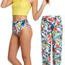 Glorycat Girls Swimsuit Tankini Set, 3-Piece Ruffle Top, Boyshorts & Printed Long Pants, Adjustable Straps, 4-Way Stretch Polyester Elastane, Precision Stitching, Beach Pool Water Park 4-10Y