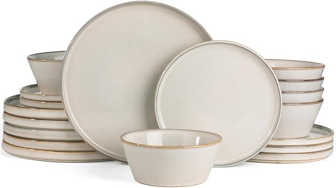 Famiware Annecy Dinner Plates and Bowls Sets, Stoneware Dinnerware Sets, Dishes Set for 6, 18 Pieces Handmade Dishware Set - Microwave & Dishwasher Safe, Double Reactive Glaze Tableware, Grey-White