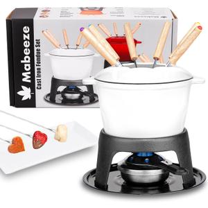 Mabeeze Cast Iron Fondue Pot Set for Cheese, Chocolate or Meat - White Enameled 1.6 Qt Pot - Includes 6 Fondue Forks