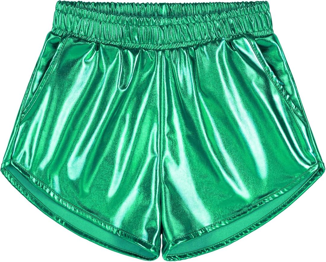 BOOPH Girls Metallic Shorts Sparkle Dance Outfits Shiny Hot Pants Athletic Shorts for Girls Green 8-9 Years (Green)