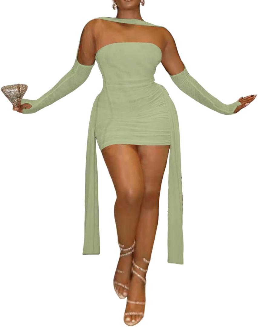 Sexy Strapless Tube Top Mesh Mini Dress for Women Bodycon Ruched Ribbons Birthday Date Night Dresses (Small, Green)