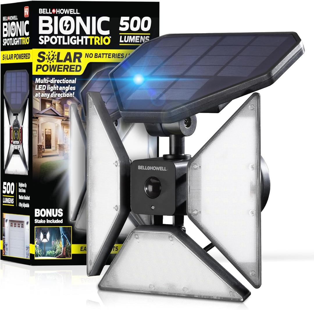 Bell+Howell Bionic Trio Solar Lights Outdoor with Motion Sensor, Super Bright Landscape Spotlight for Outdoor, Patio, Yard, and Garden  500 Lumens, Black, As Seen On TV (Cool White)