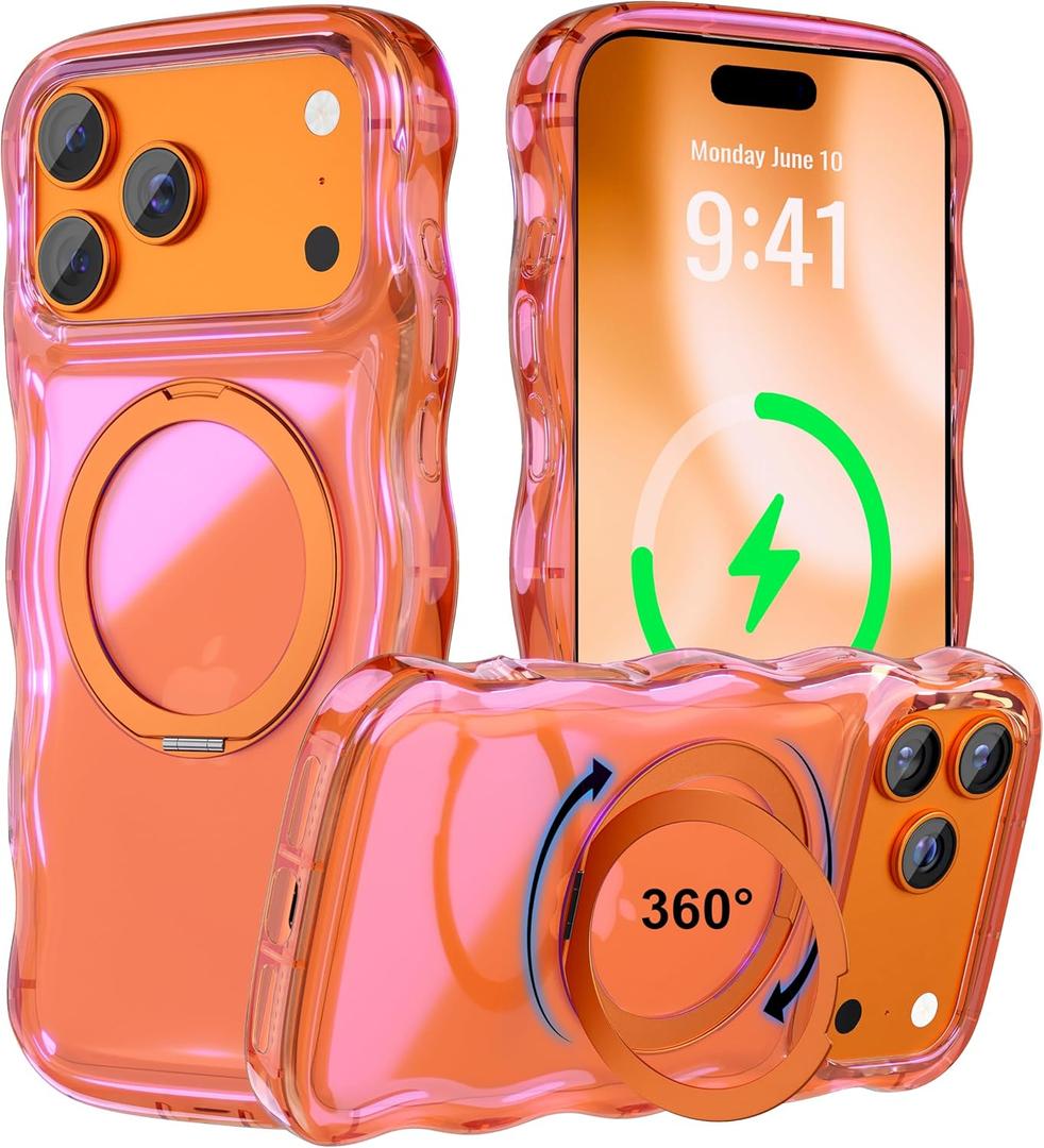 for iPhone 17 Pro Max Case with 360 Spin Magnetic Stand, [Compatible with MagSafe] [Curly Wave] Dynamic Highlight Finish Phone Case, Ring Kickstand Cover for Women Girls 6.9"-Orange