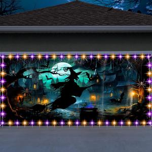 7 x 16 Ft Winter Garage Door Banner Cover with LED String Light Battery Box Winter Garage Door Decors Outdoor Large Double Reindeer Backdrop Cover for Wall House Party Decor(Witch)