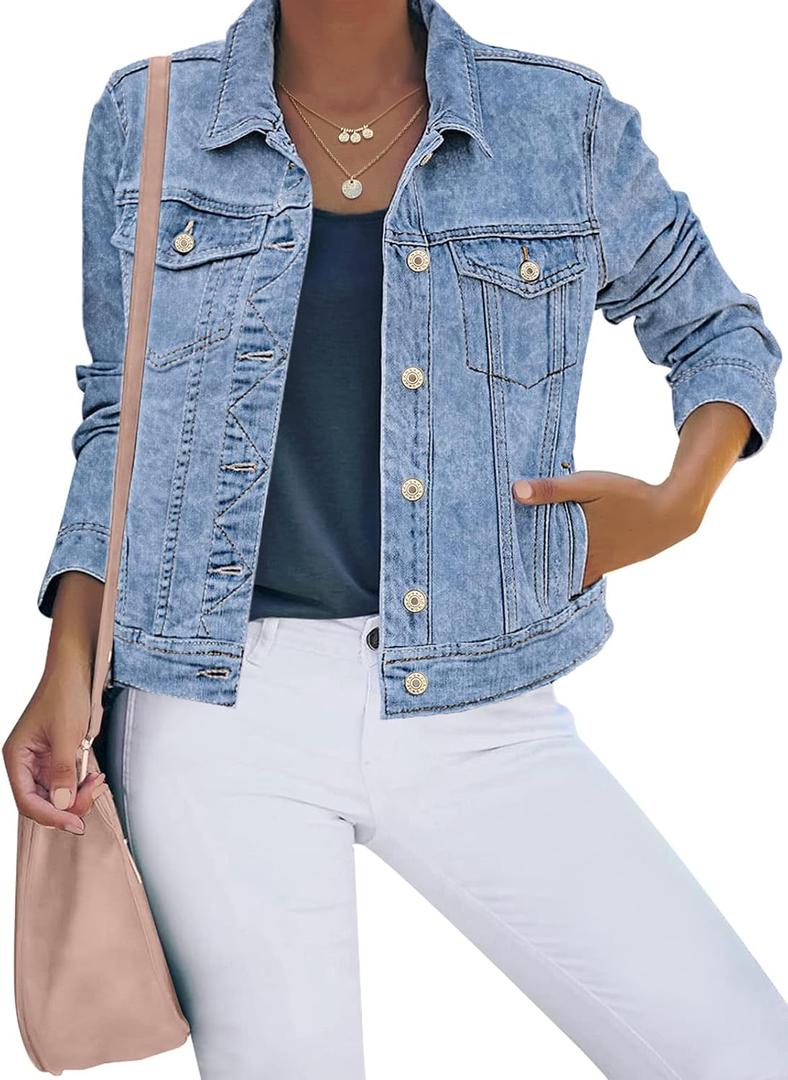luvamia Women's Basic Button Down Stretch Fitted Long Sleeves Denim Jean Jacket (Large)
