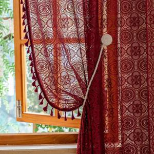 YJ YANJUN Boho Lace Curtains 63 inch Length 2 Panels -Vintage Floral Crochet Sheer Panels with Tassel for Living Room Bedroom Light Filtering Victorian Winter Christmas Decor Red Burgundy W59 x L63