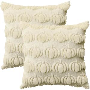 AVOIN colorlife Fall Pumpkin Beige Throw Pillow Covers, 18 x 18 Inch Seasonal Autumn Thanksgiving Harvest Decoration Soft Plush Faux Fur Jacquard Cushion Case Decoration for Sofa Couch Set of 2