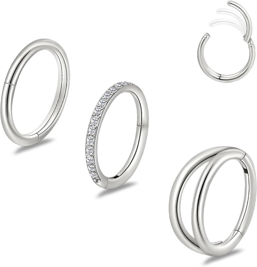 limerencia 3PCS Titanium Earrings Nose Rings, G23 Titanium Small Hoops Septum Clicker Rings, 16G/18G/20G Helix Lip Cartilage Helix Rook Daith Lobe Conch Tragus Piercing for Women Men (Silver-tone)