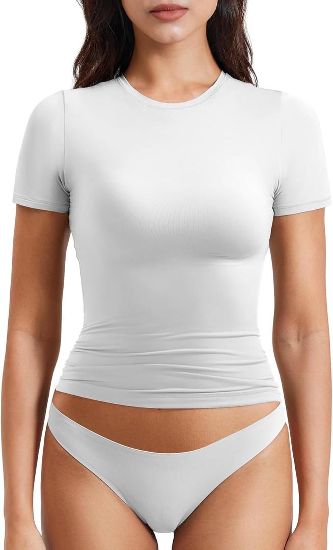 YEOREO Women Fitted Workout Tops Short Sleeve Double Lined Basic Y2K Going Out Crew Neck Compression Crop Top (Medium, White)