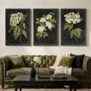 Vintage Framed Hydrangea Floral Wall Art for Living Room, 3 Piece Large Retro Botanical Canvas Print Paintings, Dark Black Classic Flower Pictures Artwork Decor for Bedroom Hallway 24x36 Inch