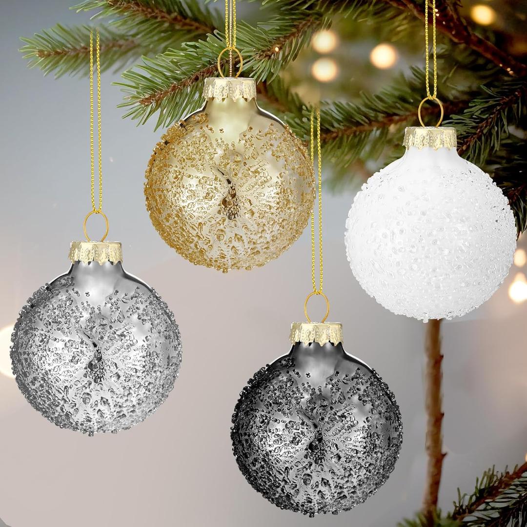 Soaoo 4 Pcs 4 Inch Large Neutral Glass Christmas Ball Ornament Metallic Textured Christmas Tree Decoration Beaded Glass Ball Ornaments Xmas Hanging Decor for Home Fireplace Mantel Wall Party Decor